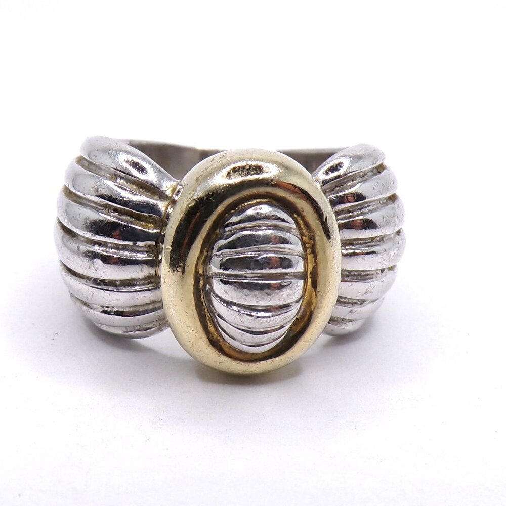 CHUNKY! 925 SS Bow Ring, Vintage Modernist Ring Two Tone Silver Ring Size 6